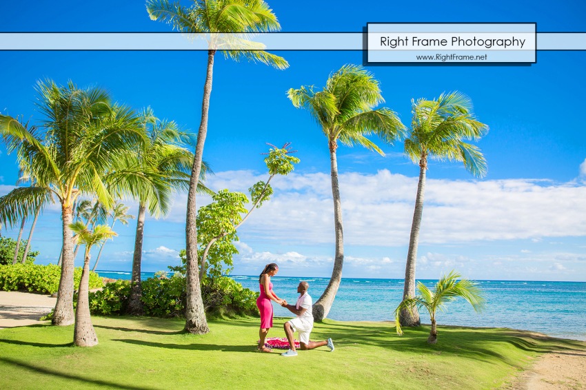 Photography of a surprise wedding proposal at Kahala Beach in Hawaii